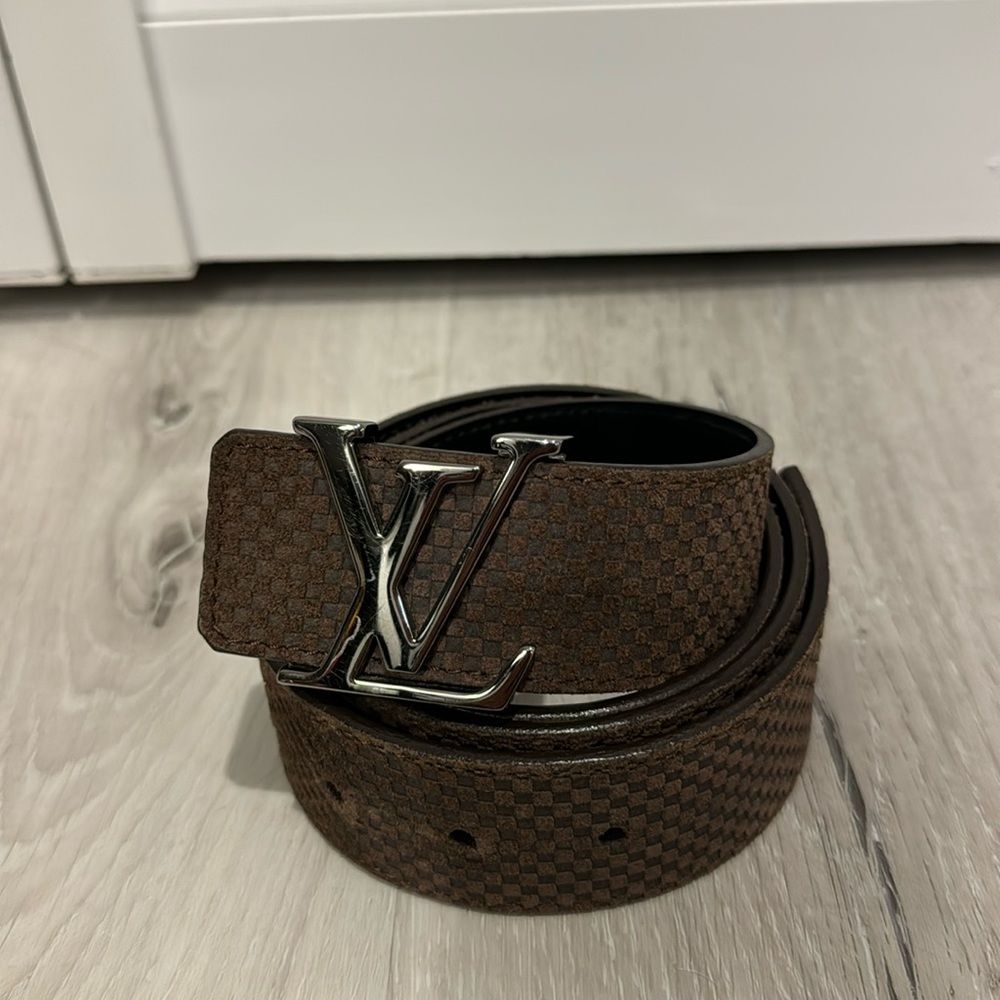 Louis Vuitton Brown Checkered Belt with Silver Buckle